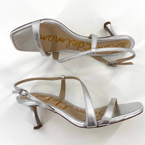 Sam Edelman Prance Silver Leather Sandals Heel Strappy Square Toe Dress Shoe 5.5 - Picture 1 of 7